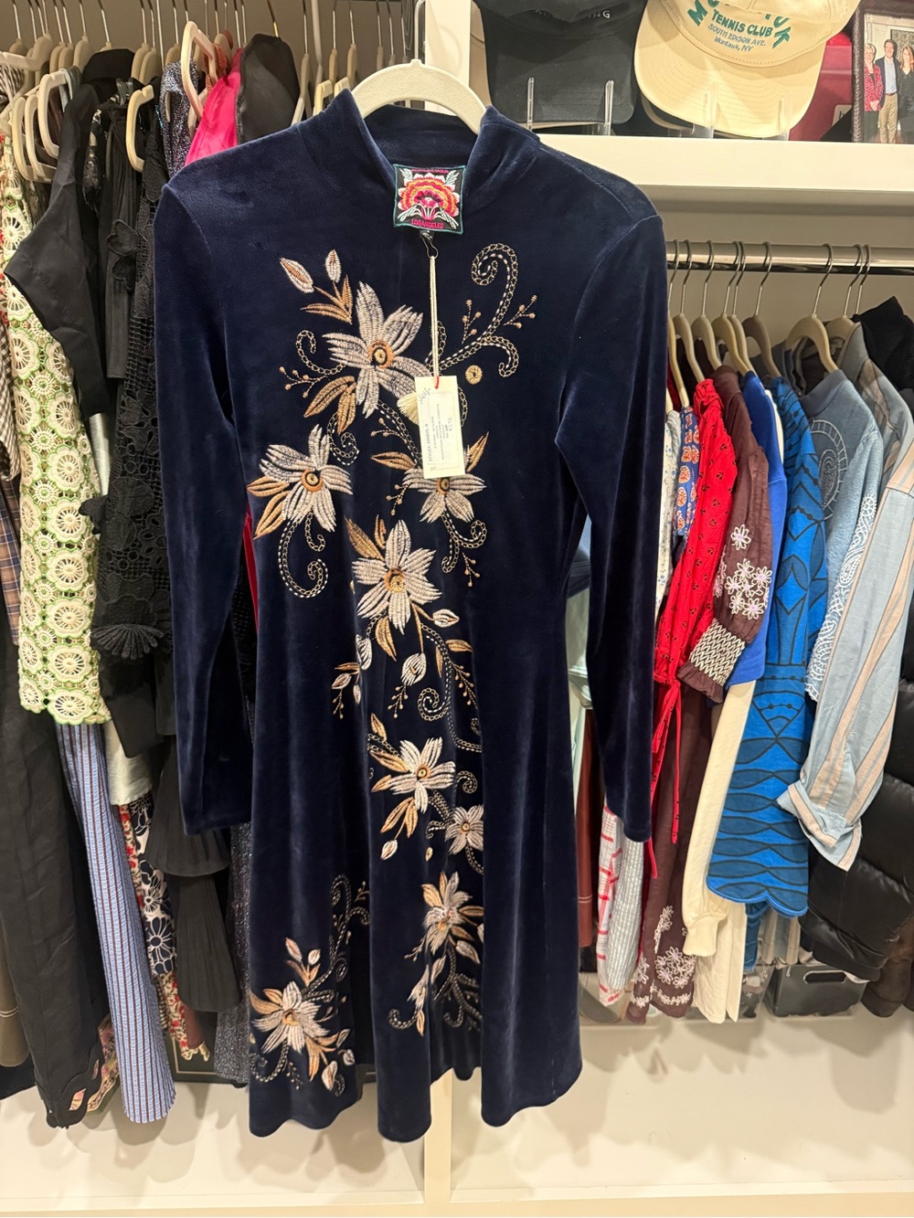 Johnny Was Navy Velvet Long-Sleeve Floral Embroidered Dress